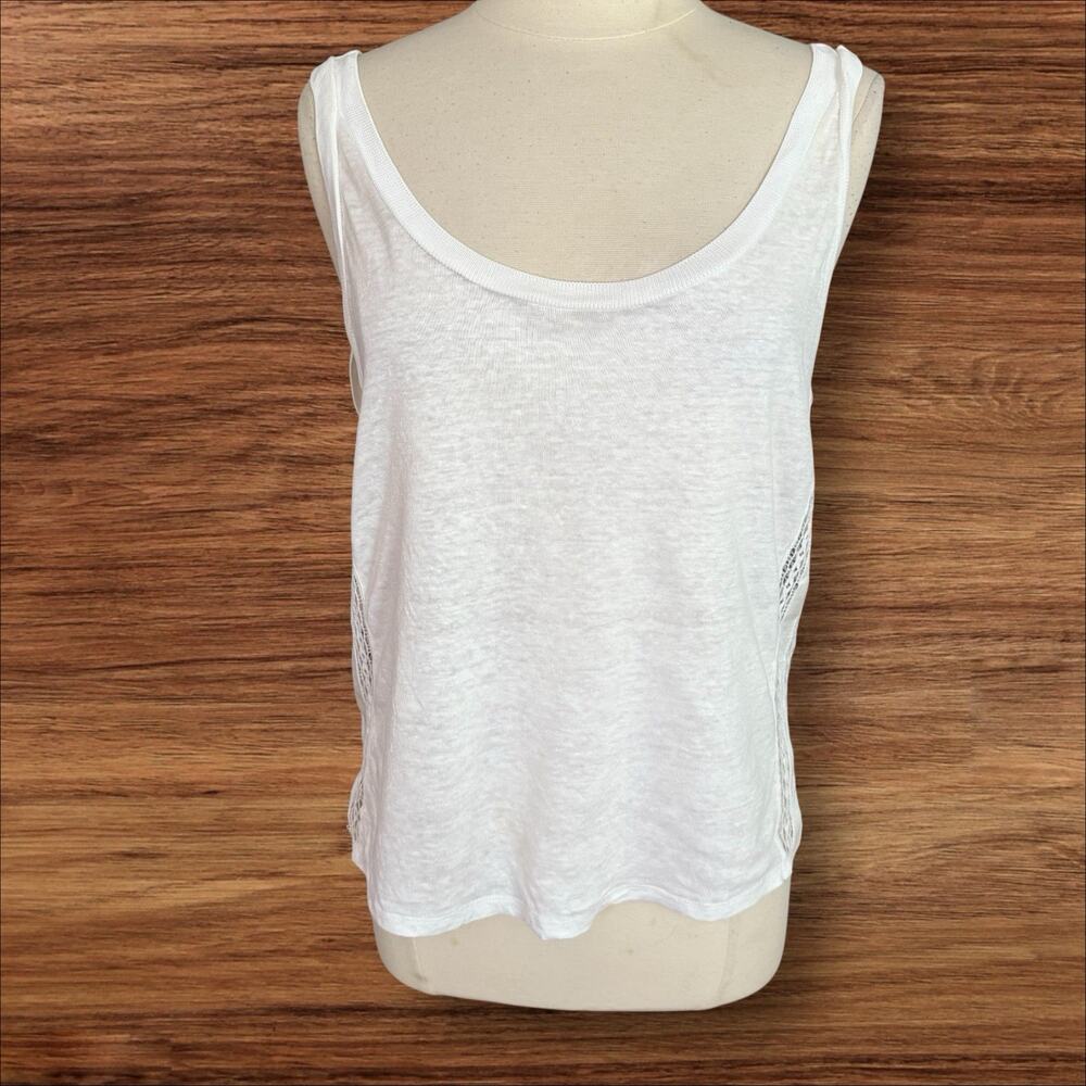 Sandro Paris White 100% Linen‎ Sleeveless Top Sz 3/L Lace Side Panels Designer